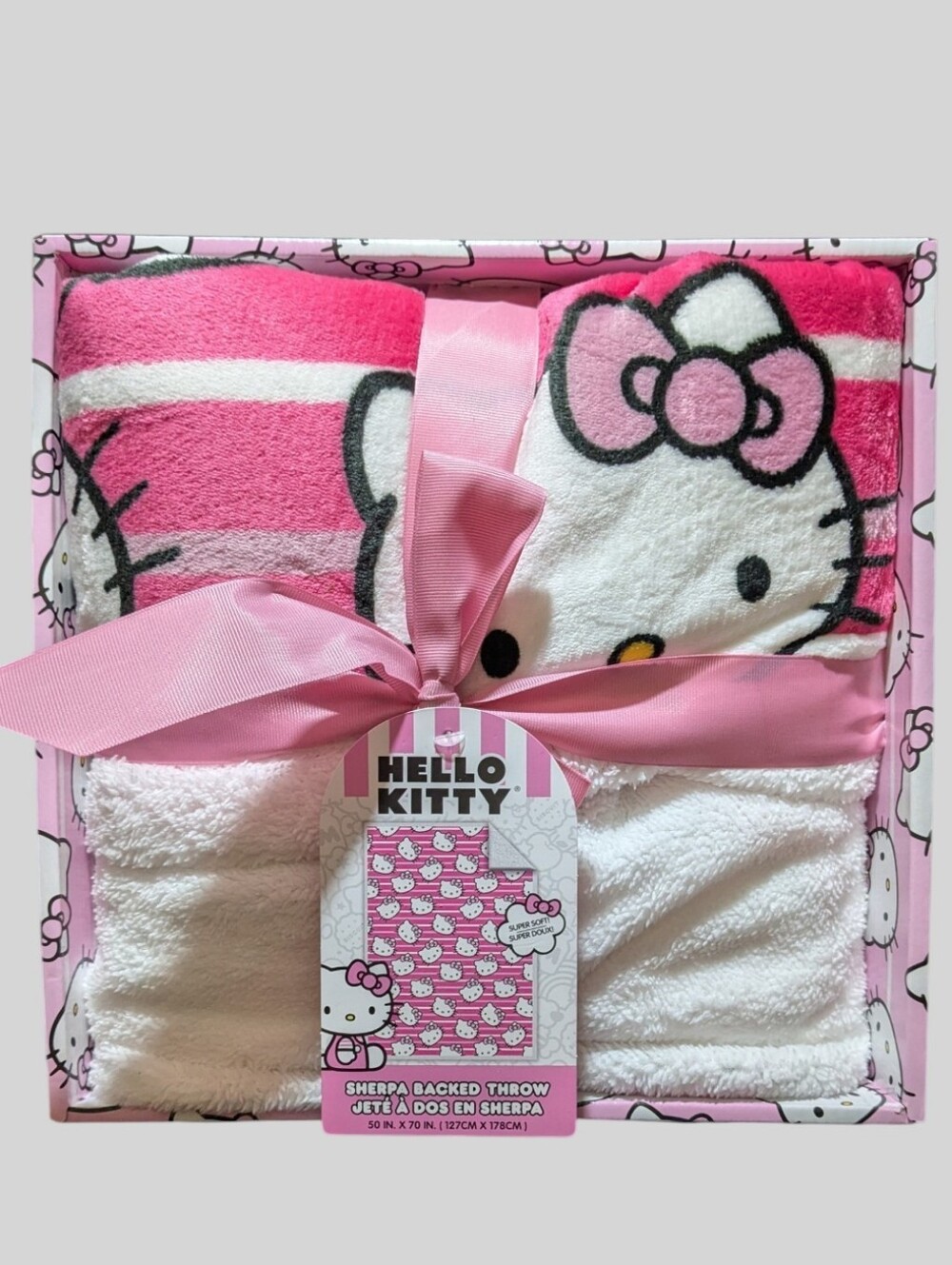 NEW Hello Kitty 'Pink Stripes' Silk Touch Sherpa Throw Blanket